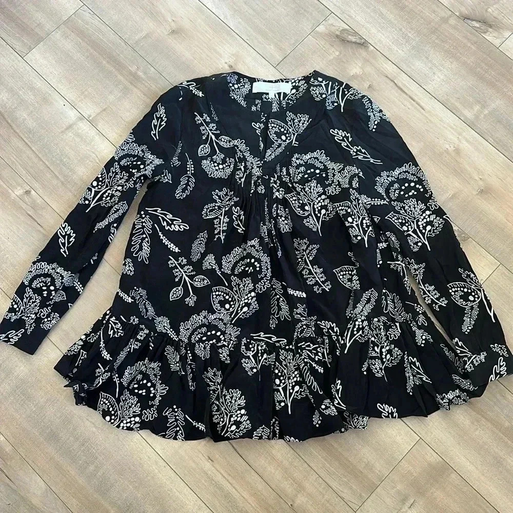 Thakoon Addition Blk/White Silk Blouse Long Sleeve Peplum Peasant Top Floral 0